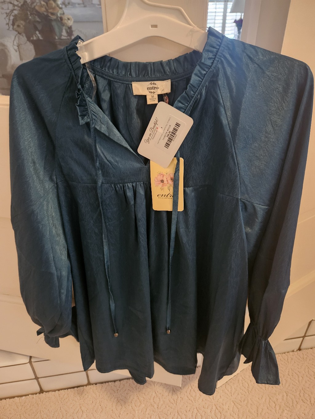 Entro Teal Satin Ruffled Tie-Neck Blouse
